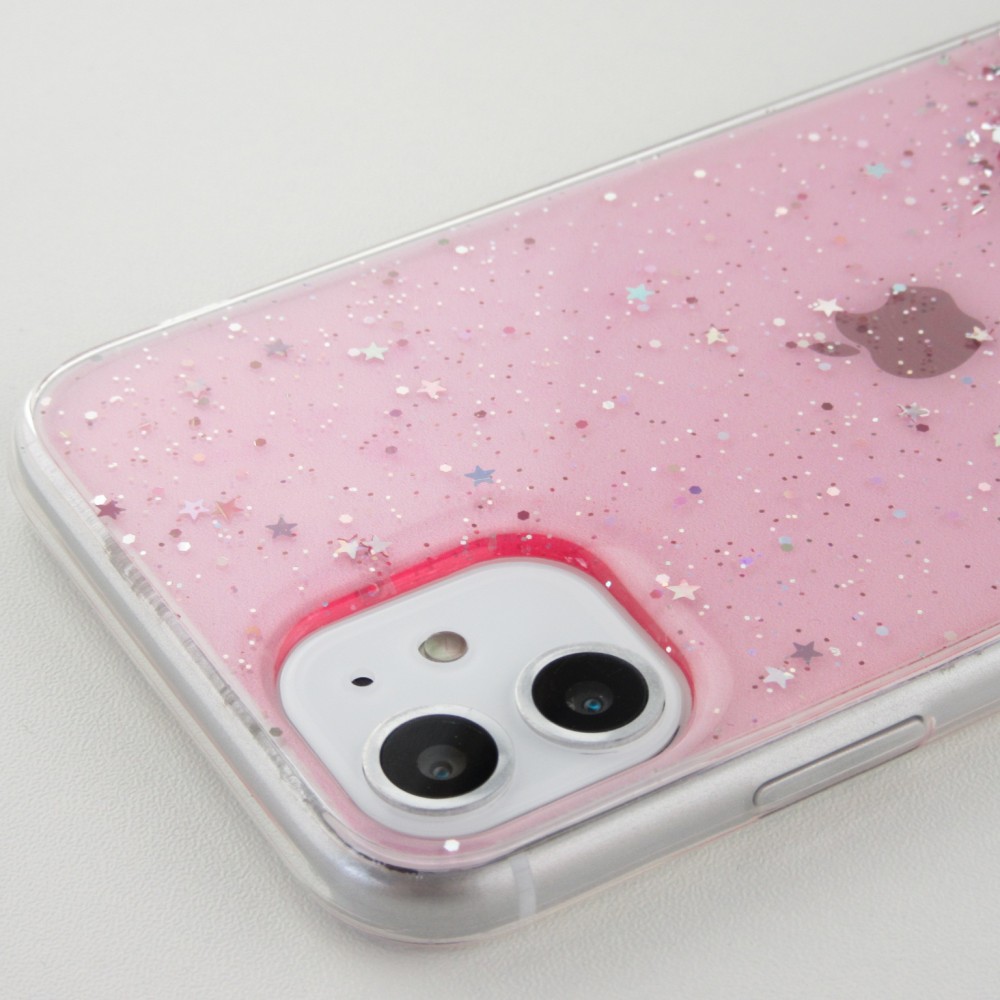 Coque iPhone X / Xs - Gel paillettes argentées avec anneau - Rose