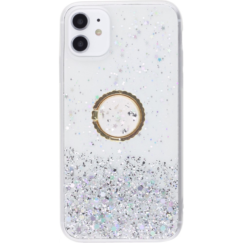 Coque iPhone 6/6s - Gel paillettes argentées avec anneau - Transparent