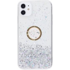 Coque iPhone X / Xs - Gel paillettes argentées avec anneau - Transparent