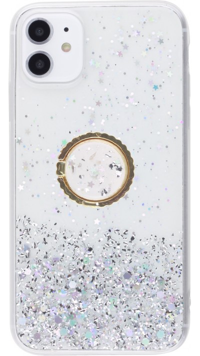 Coque iPhone 12 Pro Max - Gel paillettes argentées avec anneau - Transparent