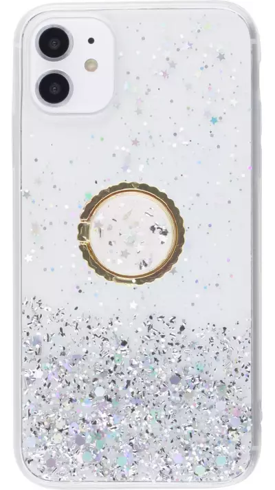 Coque Samsung Galaxy S21 5G - Gel paillettes argentées avec anneau - Transparent