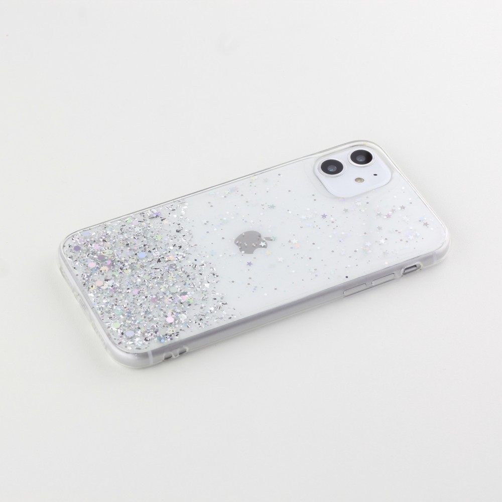 Coque iPhone 12 mini - Gel paillettes argentées avec anneau - Transparent