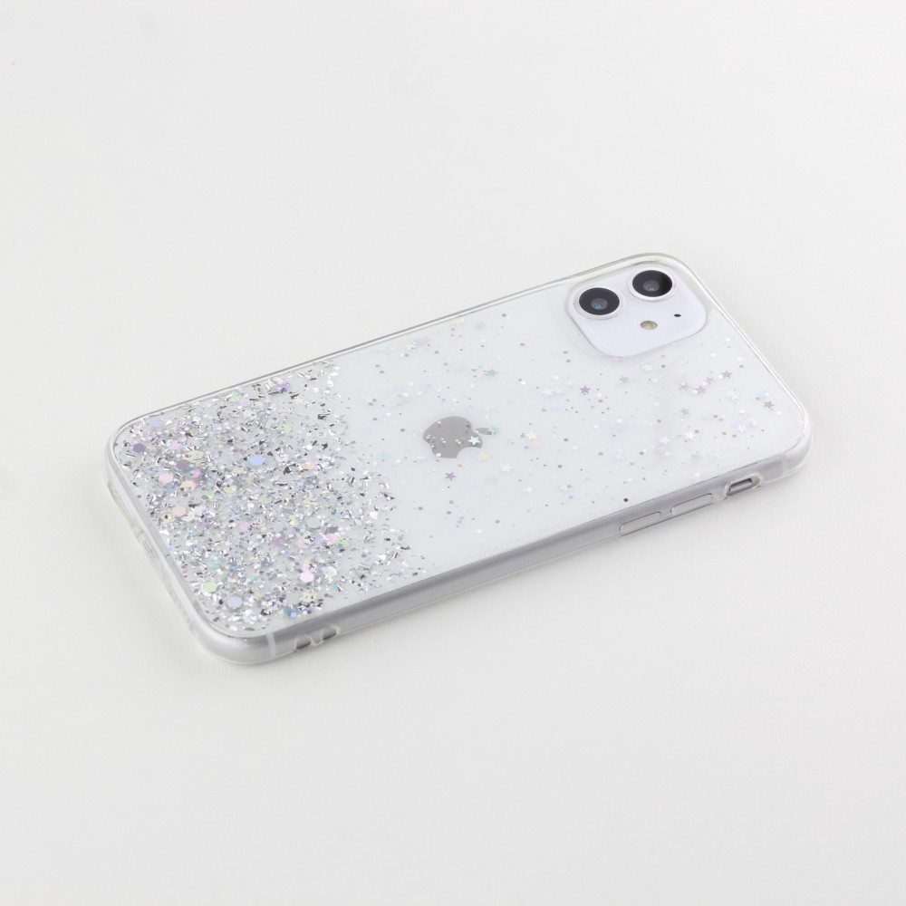 Coque iPhone 13 Pro Max - Gel paillettes argentées avec anneau - Transparent