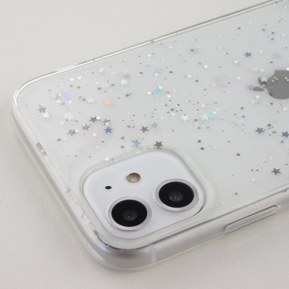 Coque iPhone 12 Pro Max - Gel paillettes argentées avec anneau - Transparent