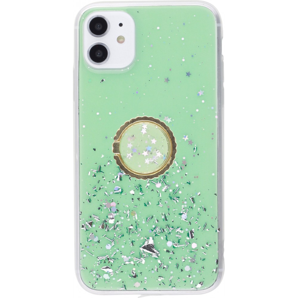 Coque iPhone 11 - Gel paillettes argentées avec anneau - Vert