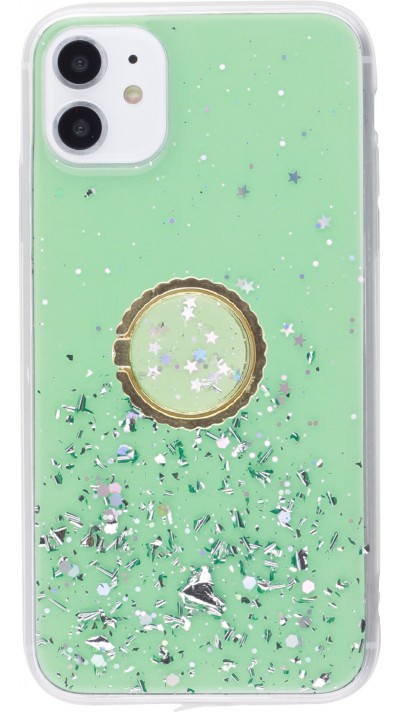 Coque iPhone 11 - Gel paillettes argentées avec anneau - Vert