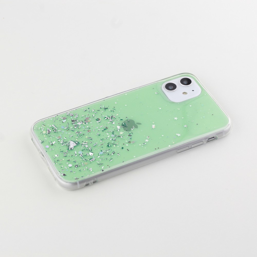 Coque iPhone 11 - Gel paillettes argentées avec anneau - Vert