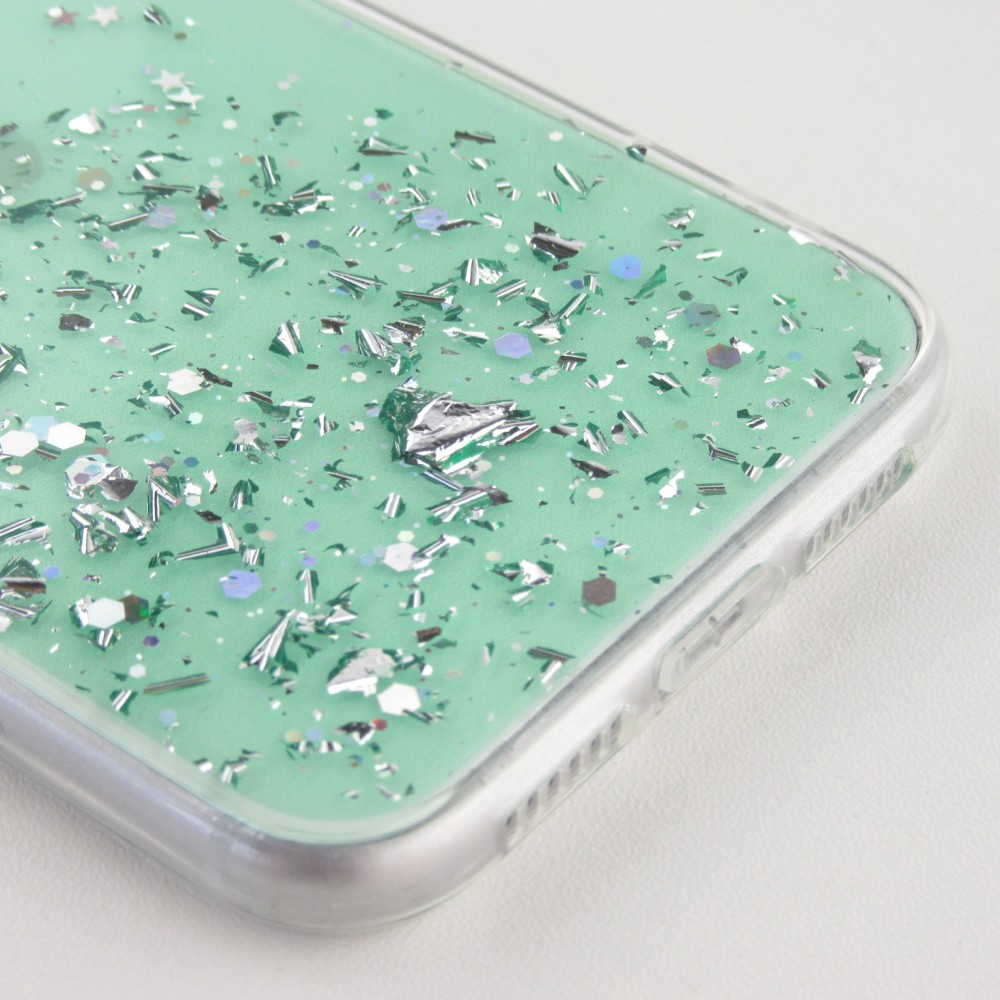 Coque iPhone 11 - Gel paillettes argentées avec anneau - Vert