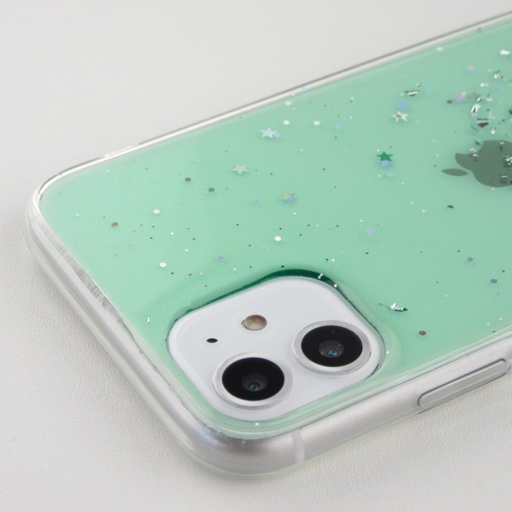 Coque iPhone 11 - Gel paillettes argentées avec anneau - Vert