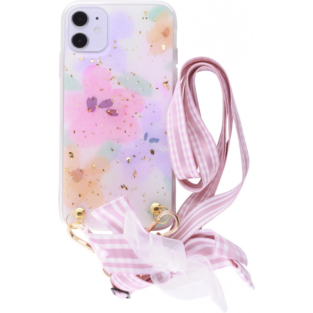 Coque iPhone 11 - Gold Flakes Flowers avec lacet