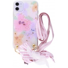 Coque iPhone 11 - Gold Flakes Flowers avec lacet