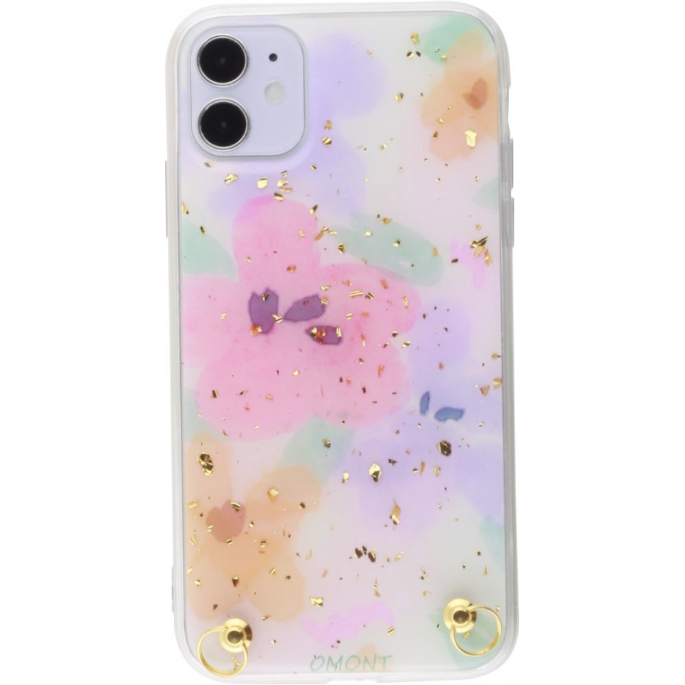 Coque iPhone 11 - Gold Flakes Flowers avec lacet