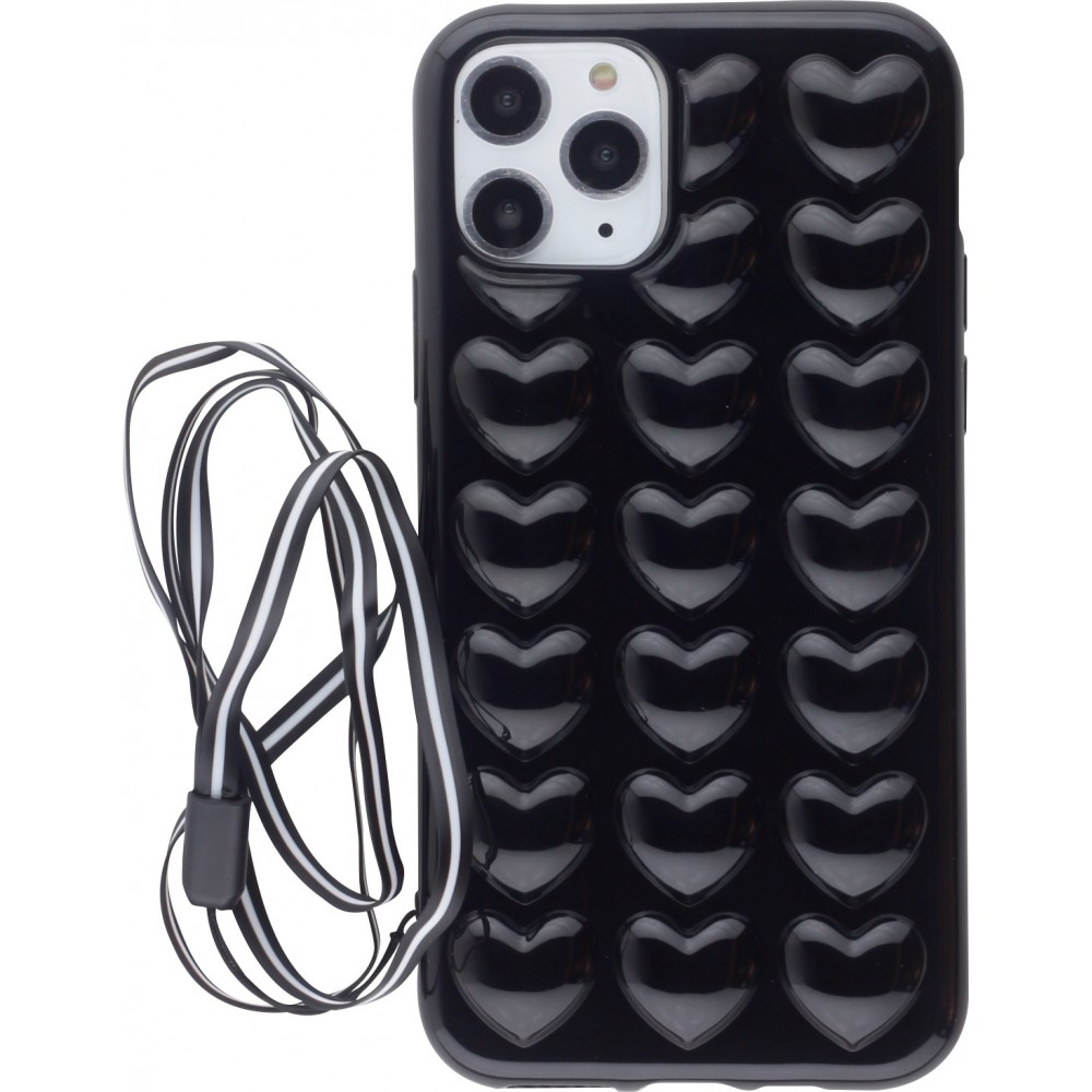 Coque iPhone 11 Pro Max - Gel coeurs 3D  - Noir