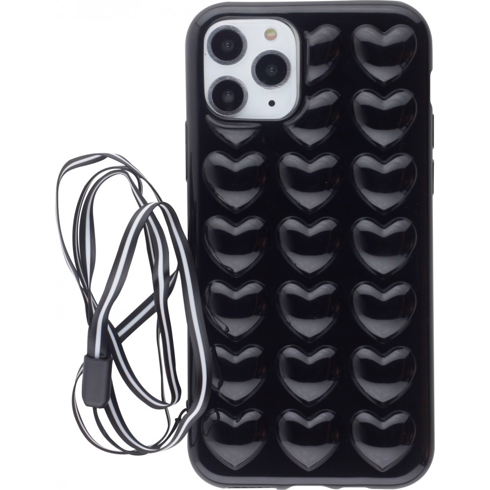 Coque iPhone 11 Pro - Gel coeurs 3D  - Noir