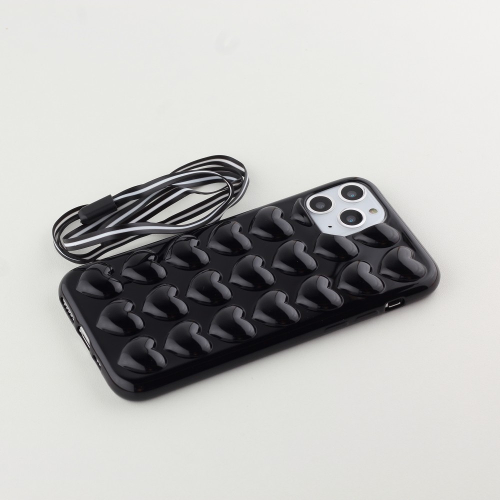 Coque iPhone 11 Pro Max - Gel coeurs 3D  - Noir