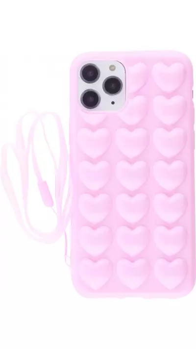 Coque iPhone 11 Pro - Gel coeurs 3D  - Rose clair