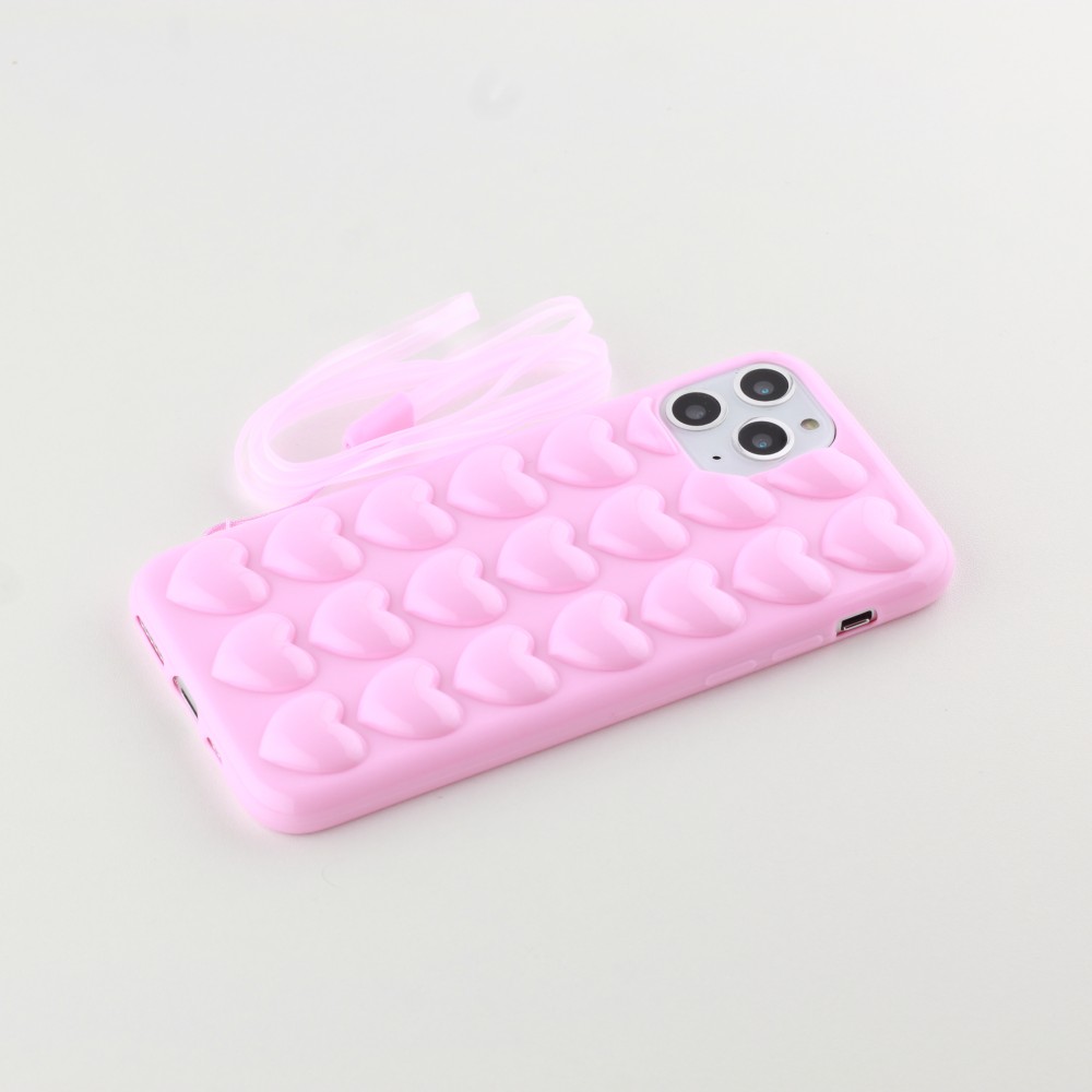 Coque iPhone 11 Pro Max - Gel coeurs 3D  - Rose clair
