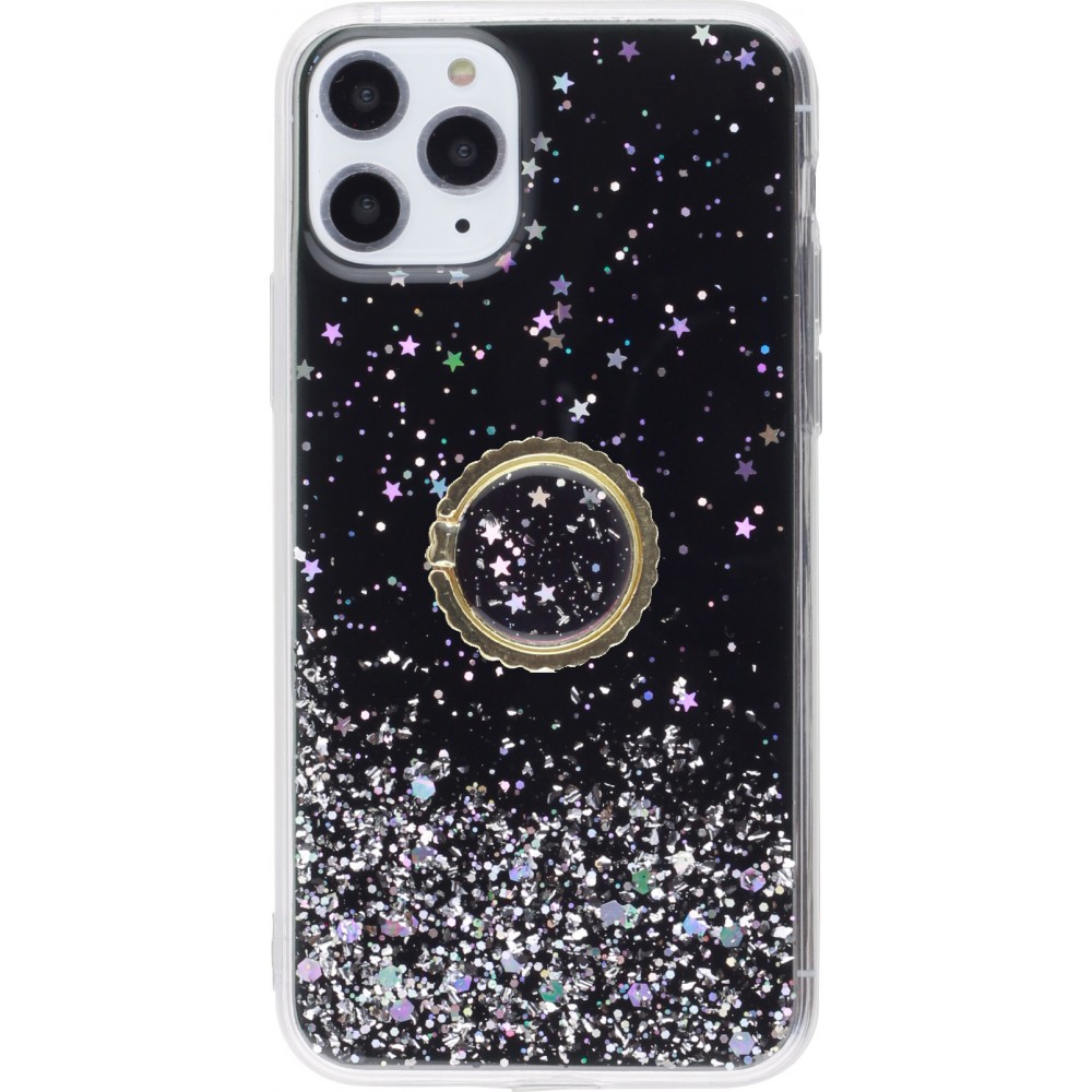 Coque iPhone 11 Pro Max - Gel paillettes argentées avec anneau - Noir