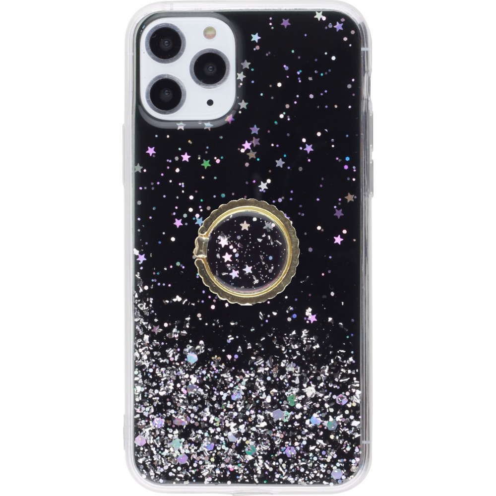 Coque iPhone 11 Pro - Gel paillettes argentées avec anneau - Noir