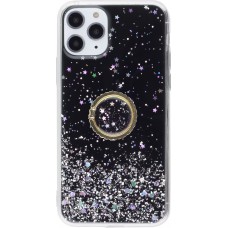 Coque iPhone 11 Pro Max - Gel paillettes argentées avec anneau - Noir