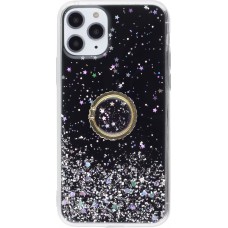 Coque iPhone 11 Pro - Gel paillettes argentées avec anneau - Noir