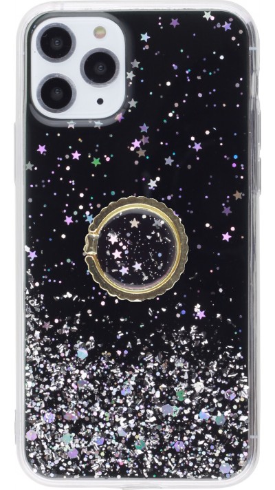 Coque iPhone 11 Pro - Gel paillettes argentées avec anneau - Noir