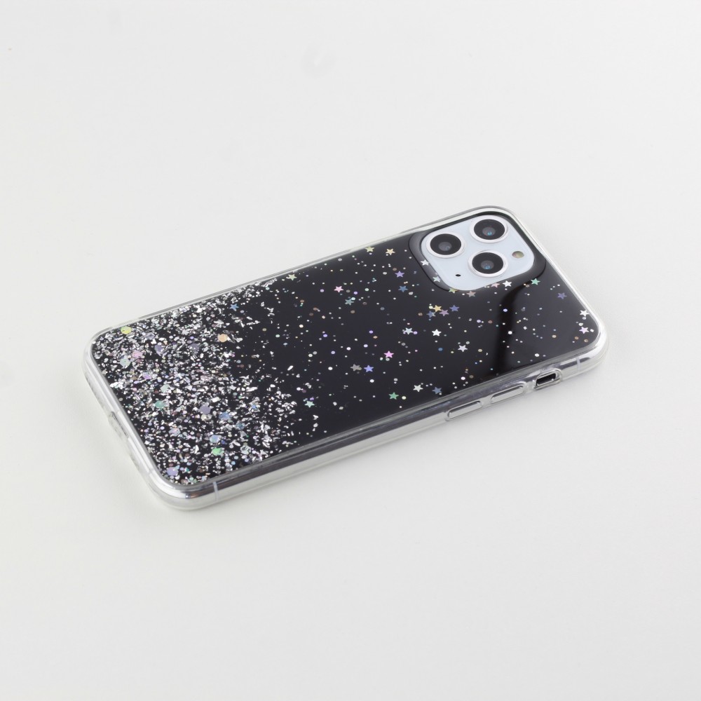 Coque iPhone 11 Pro Max - Gel paillettes argentées avec anneau - Noir