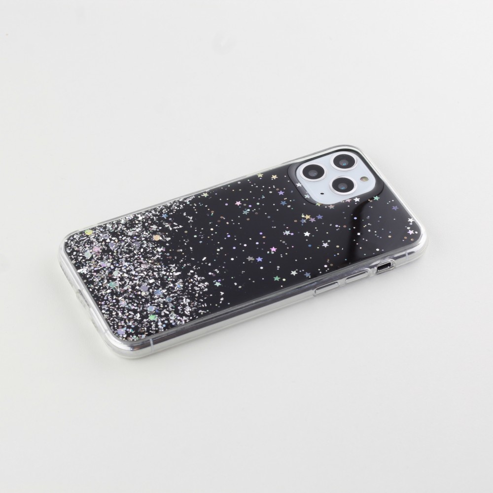 Coque iPhone 11 Pro - Gel paillettes argentées avec anneau - Noir