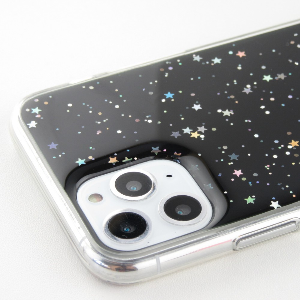 Coque iPhone 11 Pro Max - Gel paillettes argentées avec anneau - Noir