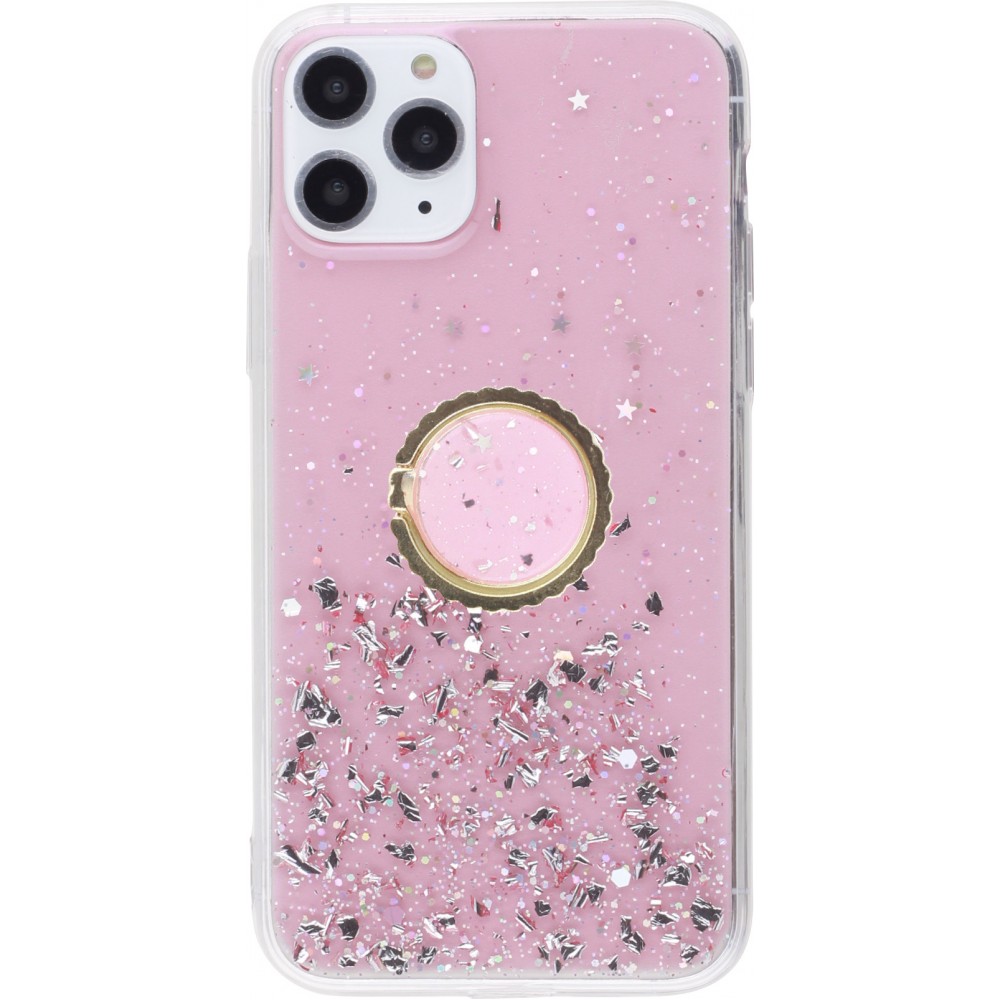 Hülle iPhone 11 Pro - Gummi silberner Pailletten mit Ring - Rosa