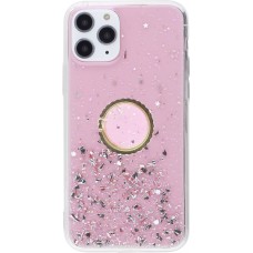 Coque iPhone 11 Pro Max - Gel paillettes argentées avec anneau - Rose