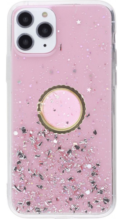 Coque iPhone 11 Pro Max - Gel paillettes argentées avec anneau - Rose