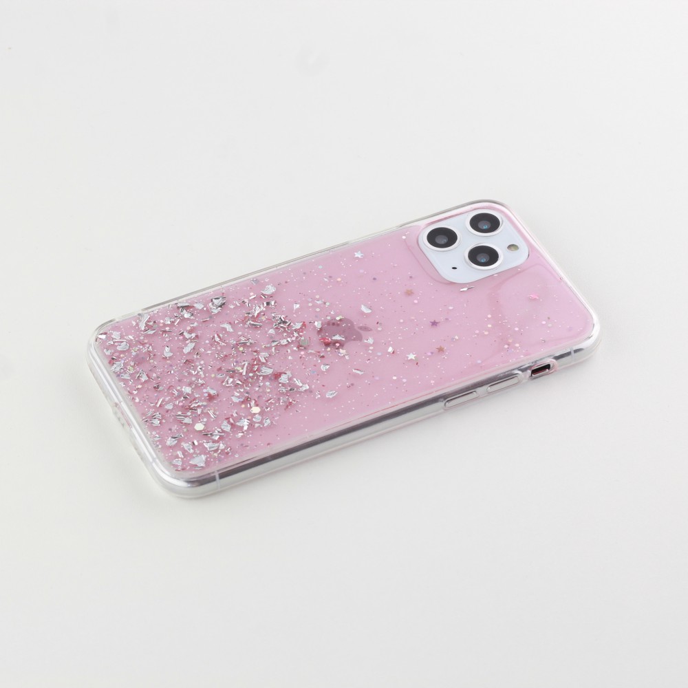 Coque iPhone 11 Pro Max - Gel paillettes argentées avec anneau - Rose