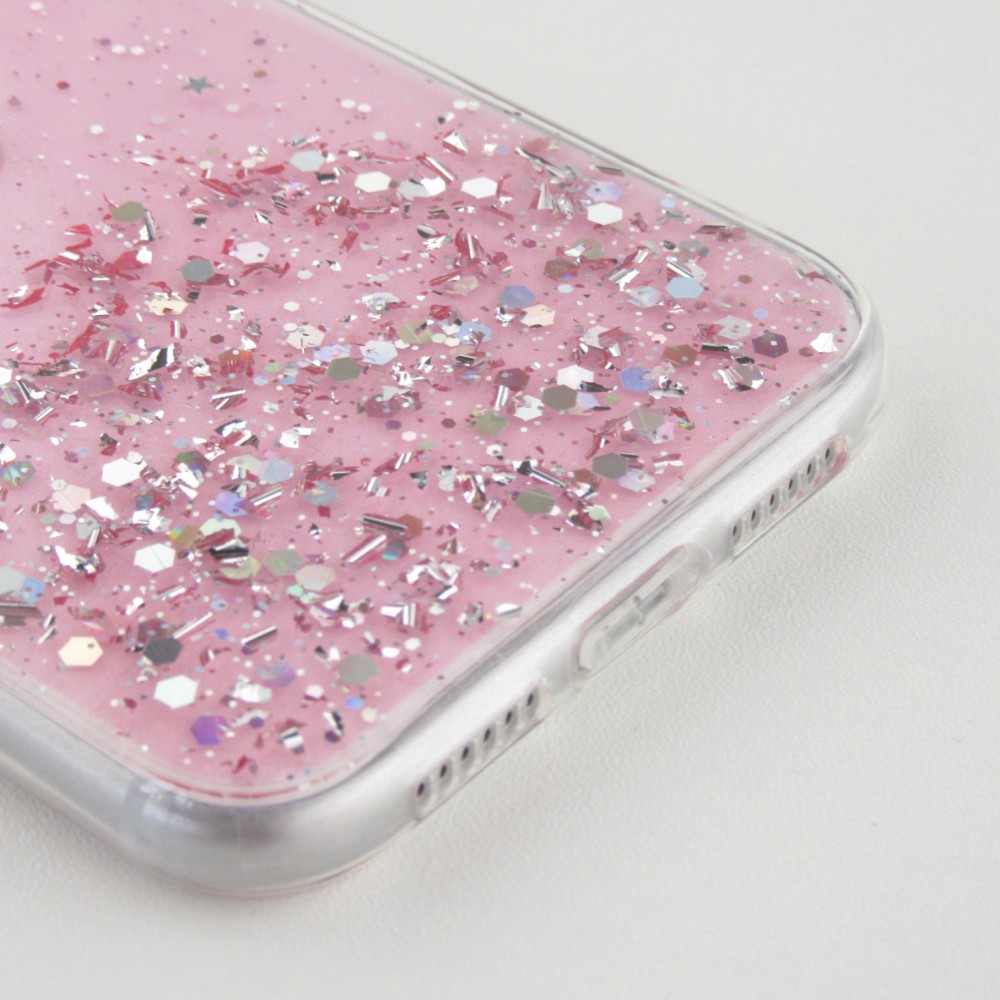 Hülle iPhone 11 Pro - Gummi silberner Pailletten mit Ring - Rosa