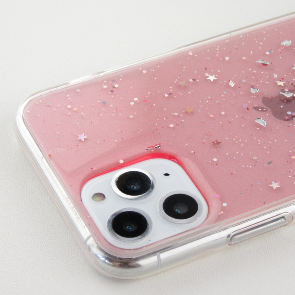 Coque iPhone 11 Pro Max - Gel paillettes argentées avec anneau - Rose