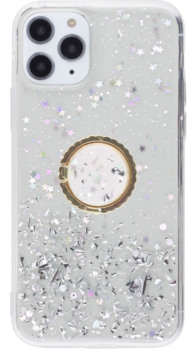 Coque iPhone 11 Pro - Gel paillettes argentées avec anneau - Transparent