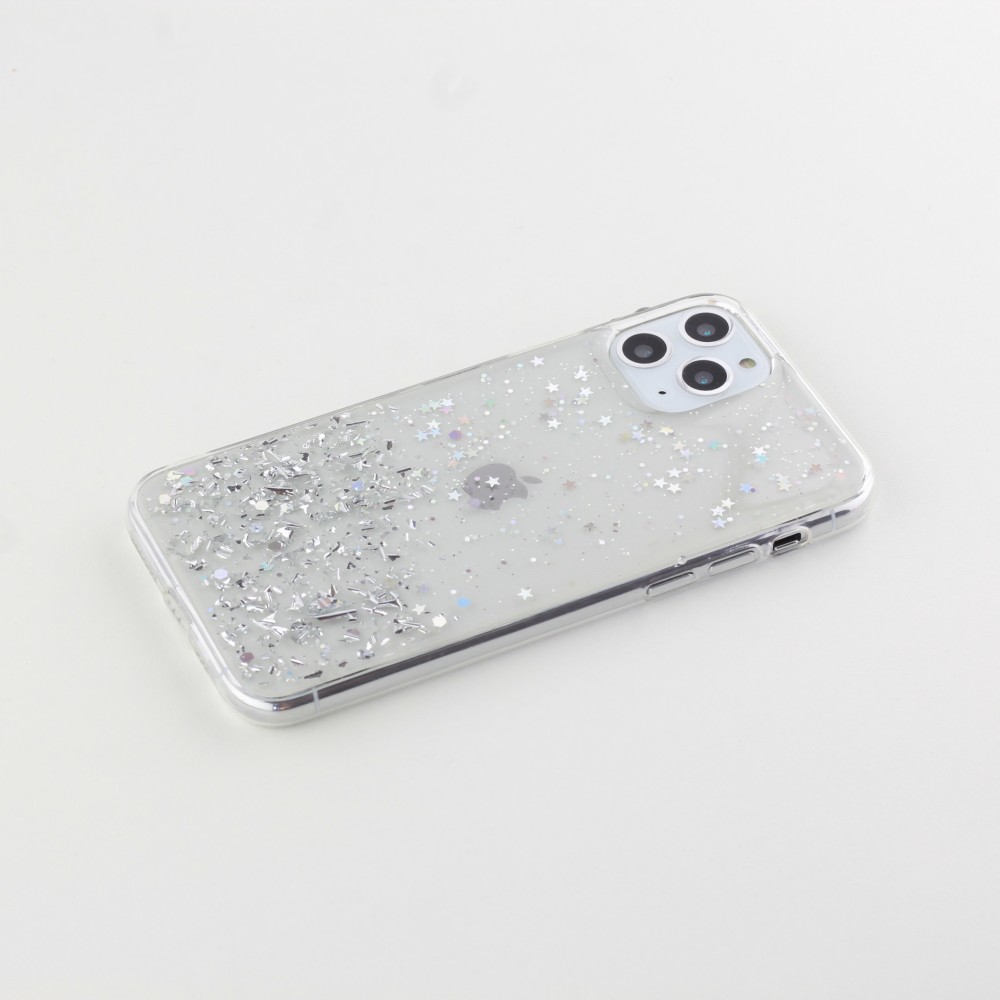 Coque iPhone 11 Pro - Gel paillettes argentées avec anneau - Transparent