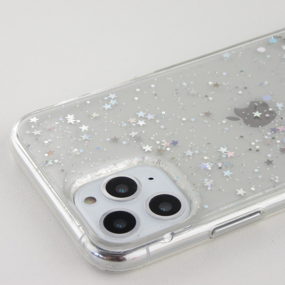 Coque iPhone 11 Pro - Gel paillettes argentées avec anneau - Transparent