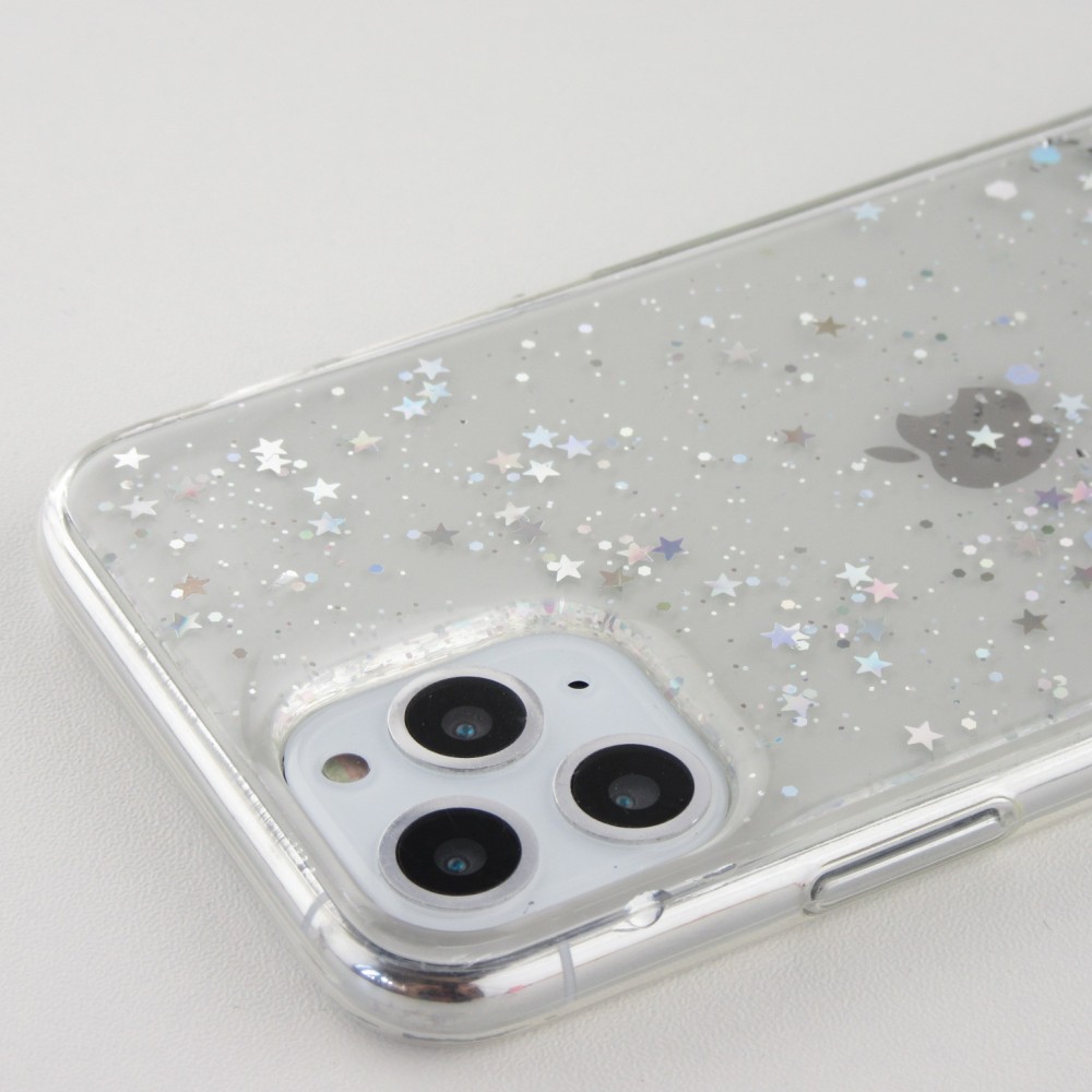 Coque iPhone 11 Pro Max - Gel paillettes argentées avec anneau - Transparent