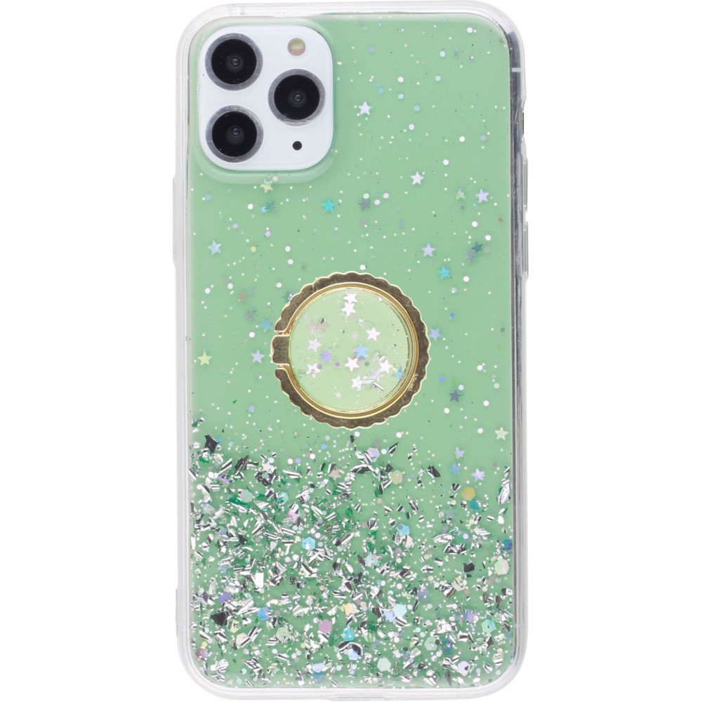 Hülle iPhone 11 Pro - Gummi silberner Pailletten mit Ring grün