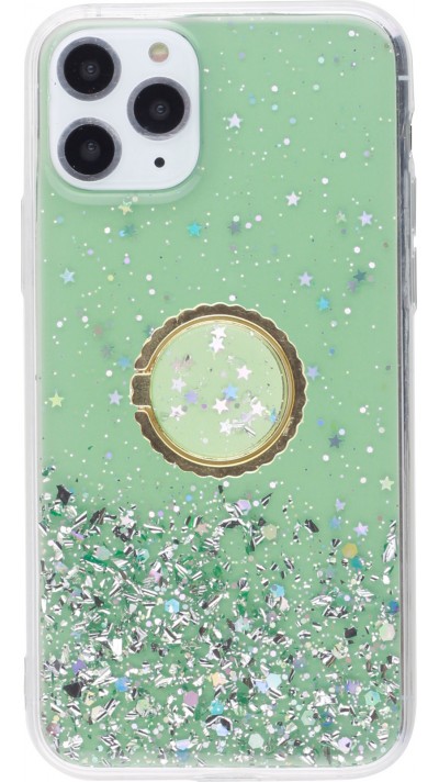 Coque iPhone 11 Pro Max - Gel paillettes argentées avec anneau - Vert