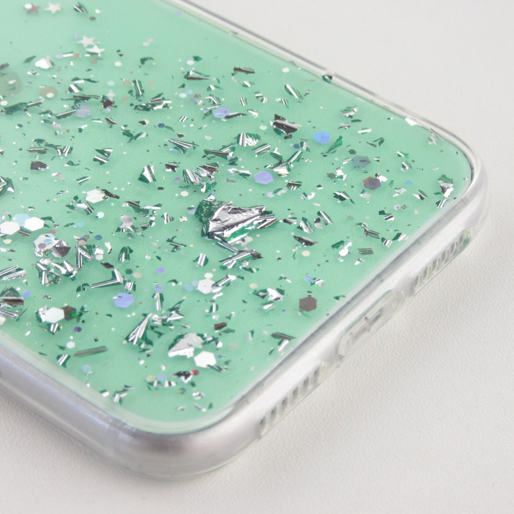 Coque iPhone 11 Pro Max - Gel paillettes argentées avec anneau - Vert