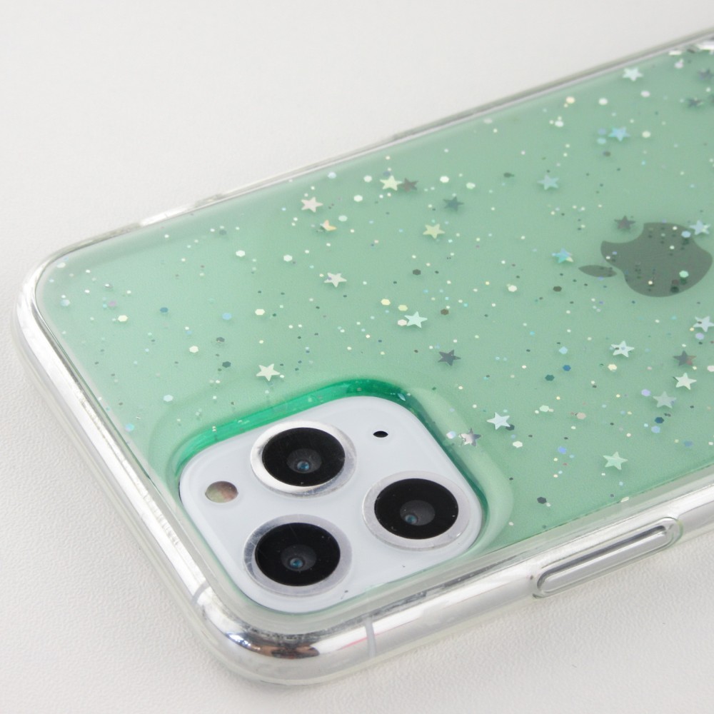 Hülle iPhone 11 Pro - Gummi silberner Pailletten mit Ring grün