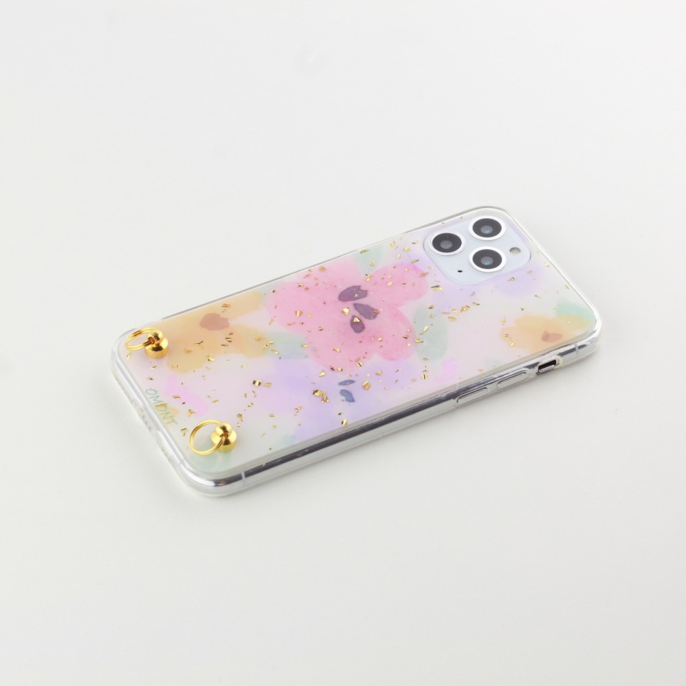 Coque iPhone 11 Pro Max - Gold Flakes Flowers avec lacet