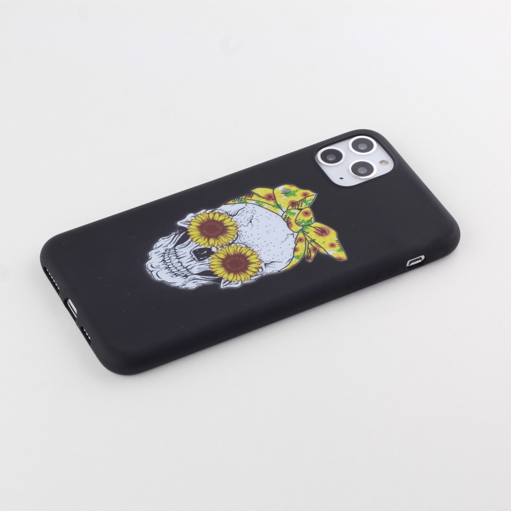 Coque iPhone 11 Pro - Silicone Mat Skull flowers - Noir