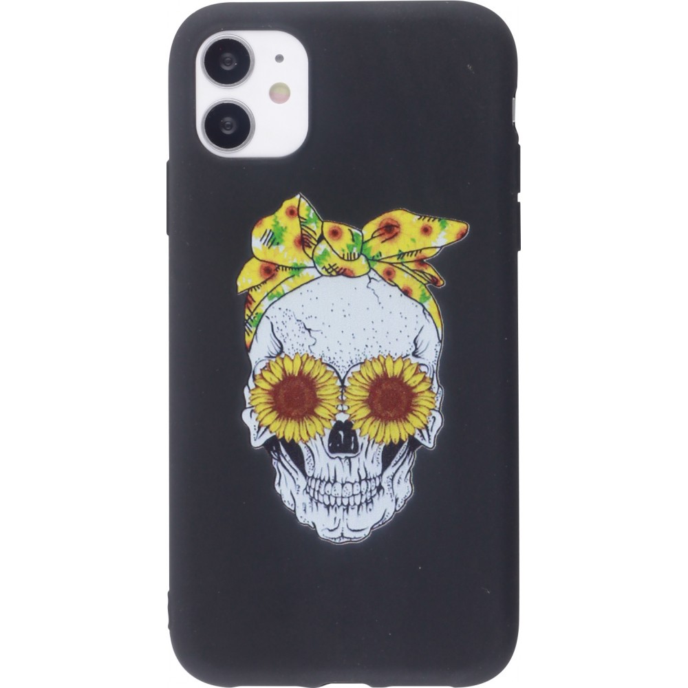 Coque iPhone 11 - Silicone Mat Skull flowers - Noir