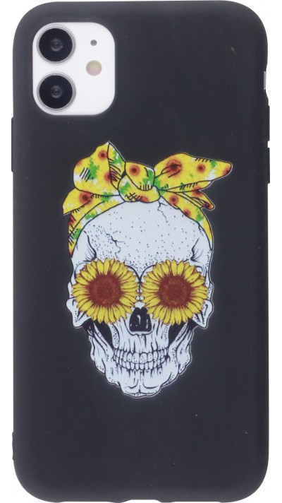 Coque iPhone 12 / 12 Pro - Silicone Mat Skull flowers - Noir