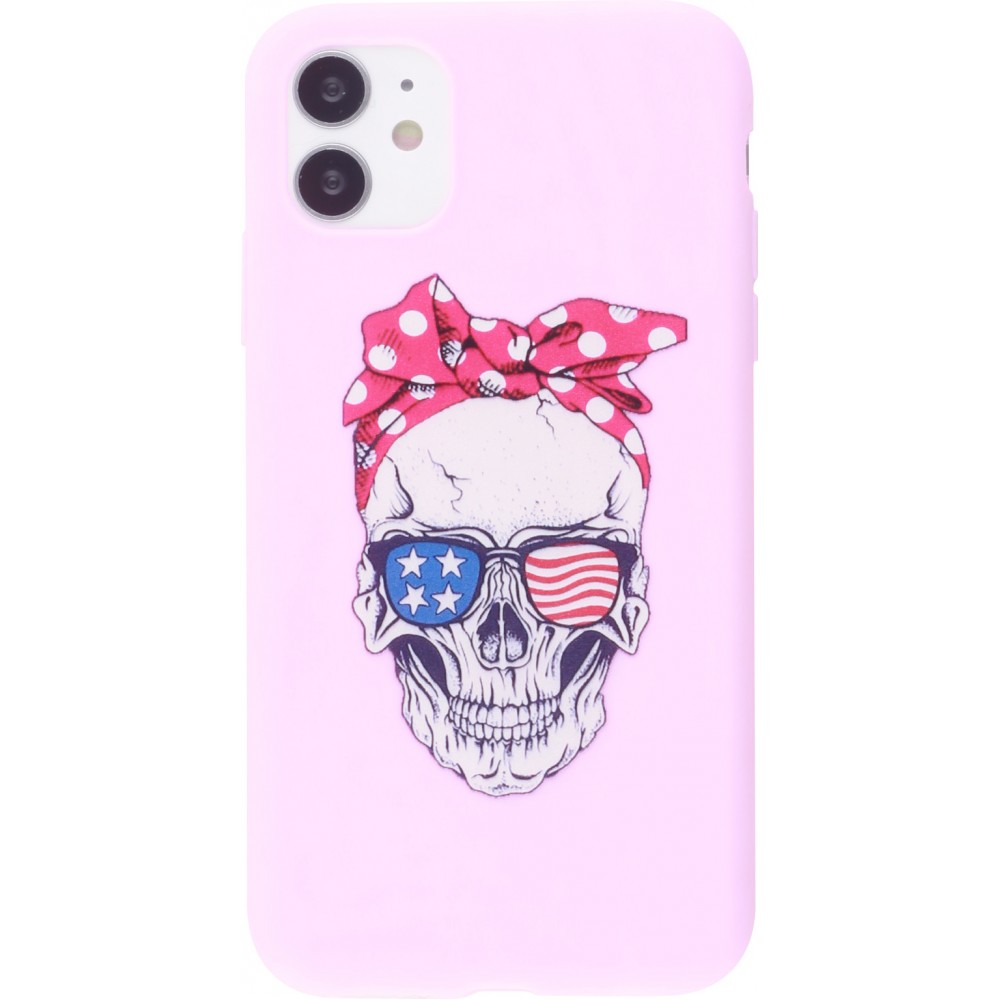 Coque iPhone 11 - Silicone Mat Skull USA - Rose