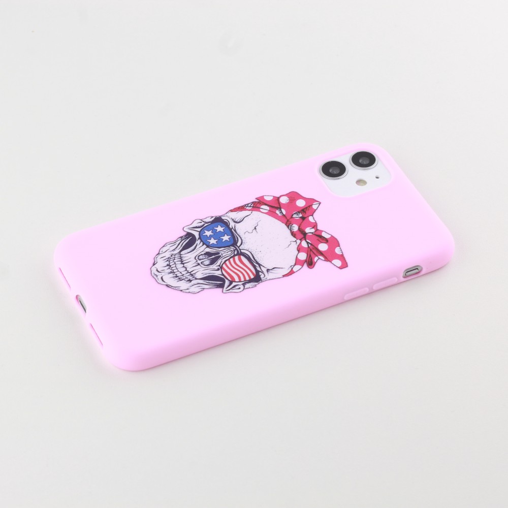 Coque iPhone 11 - Silicone Mat Skull USA - Rose