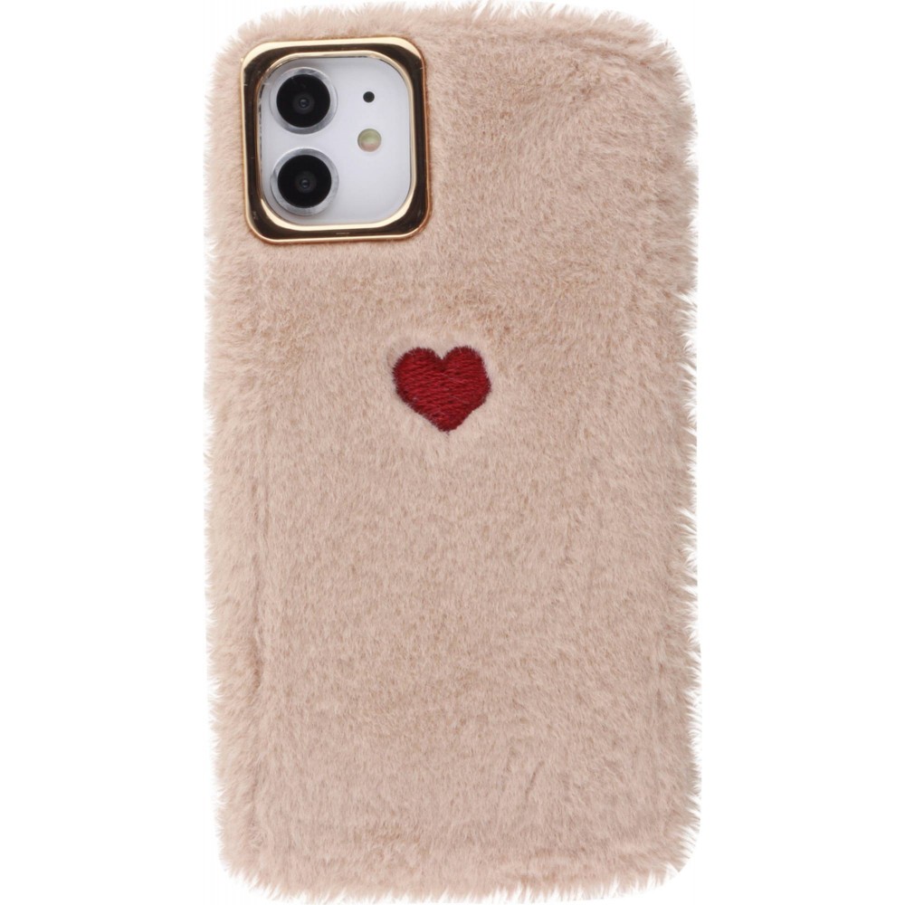 Coque iPhone 11 - fourrure coeur beige